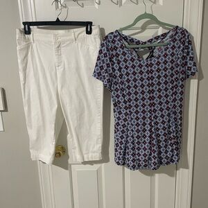 White stretchy capri sz12 Pants and Patterned Top Set large